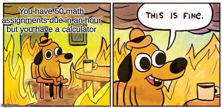 This is fine- | You have 50 math assignments due in an hour but you have a calculator | image tagged in memes,this is fine | made w/ Imgflip meme maker