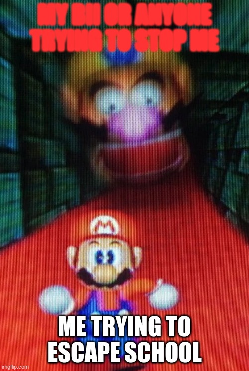 Wario Chasing Mario | MY BII OR ANYONE TRYING TO STOP ME; ME TRYING TO ESCAPE SCHOOL | image tagged in wario chasing mario | made w/ Imgflip meme maker