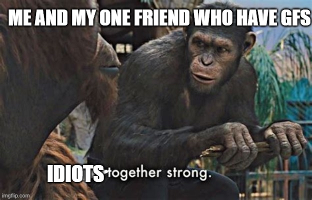 oh ungd | ME AND MY ONE FRIEND WHO HAVE GFS; IDIOTS | image tagged in apes strong together | made w/ Imgflip meme maker