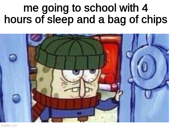 school memes | me going to school with 4 hours of sleep and a bag of chips | image tagged in relatable | made w/ Imgflip meme maker