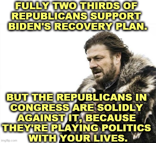 The Democratic Congressional leadership cares about what happens to you. The Republican leadership doesn't. | FULLY TWO THIRDS OF 
REPUBLICANS SUPPORT 
BIDEN'S RECOVERY PLAN. BUT THE REPUBLICANS IN 
CONGRESS ARE SOLIDLY 
AGAINST IT, BECAUSE 
THEY'RE PLAYING POLITICS 
WITH YOUR LIVES. | image tagged in memes,brace yourselves x is coming,biden,covid-19,relief | made w/ Imgflip meme maker