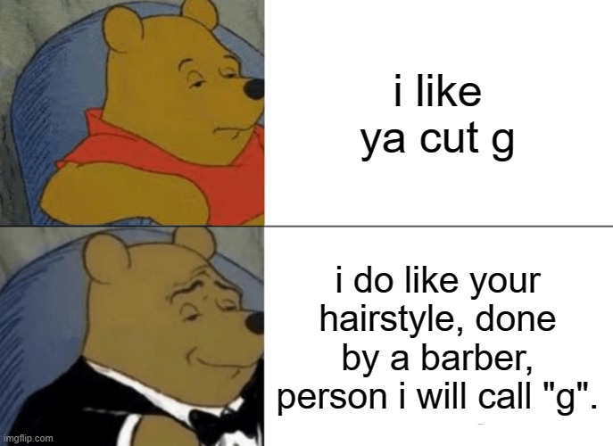 *scree* | i like ya cut g; i do like your hairstyle, done by a barber, person i will call "g". | image tagged in memes,tuxedo winnie the pooh | made w/ Imgflip meme maker