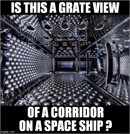 A Grate Image ? | IS THIS A GRATE VIEW; OF A CORRIDOR ON A SPACE SHIP ? | image tagged in fun,visual pun,spaceship | made w/ Imgflip meme maker