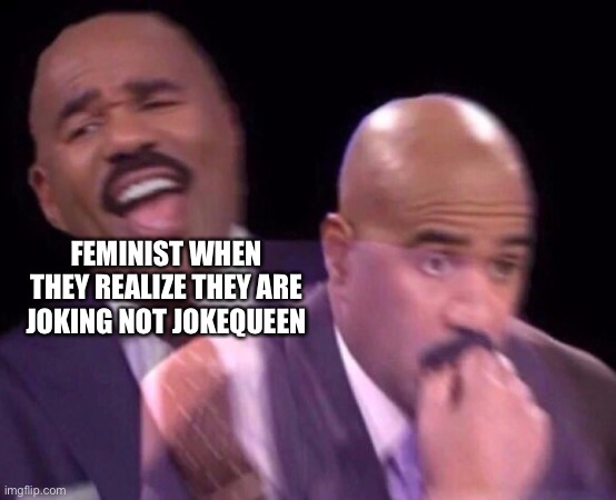 Steve Harvey Laughing Serious | FEMINIST WHEN THEY REALIZE THEY ARE JOKING NOT JOKEQUEEN | image tagged in steve harvey laughing serious | made w/ Imgflip meme maker