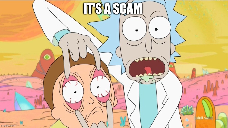 Rick and Morty Scam | IT'S A SCAM | image tagged in rick and morty scam | made w/ Imgflip meme maker