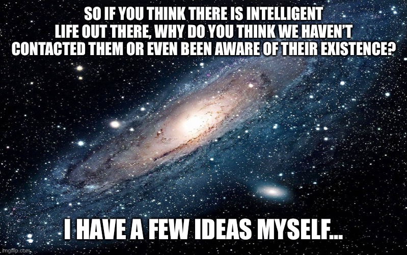 Hmmmmmmmmmmmmmmmmmmmmmmmmmmmmmmmmmmmm | SO IF YOU THINK THERE IS INTELLIGENT LIFE OUT THERE, WHY DO YOU THINK WE HAVEN’T CONTACTED THEM OR EVEN BEEN AWARE OF THEIR EXISTENCE? I HAVE A FEW IDEAS MYSELF... | image tagged in galaxy | made w/ Imgflip meme maker