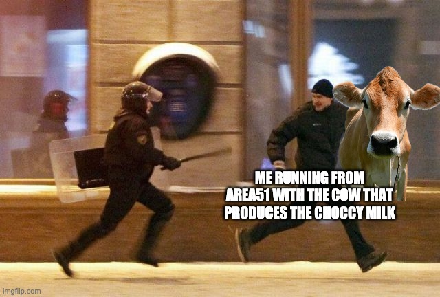 Run | ME RUNNING FROM AREA51 WITH THE COW THAT PRODUCES THE CHOCCY MILK | image tagged in police chasing guy | made w/ Imgflip meme maker
