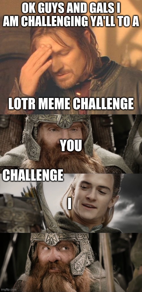 OK GUYS AND GALS I AM CHALLENGING YA'LL TO A; LOTR MEME CHALLENGE; CHALLENGE; YOU; I | image tagged in memes,frustrated boromir,aye i could do that blank | made w/ Imgflip meme maker