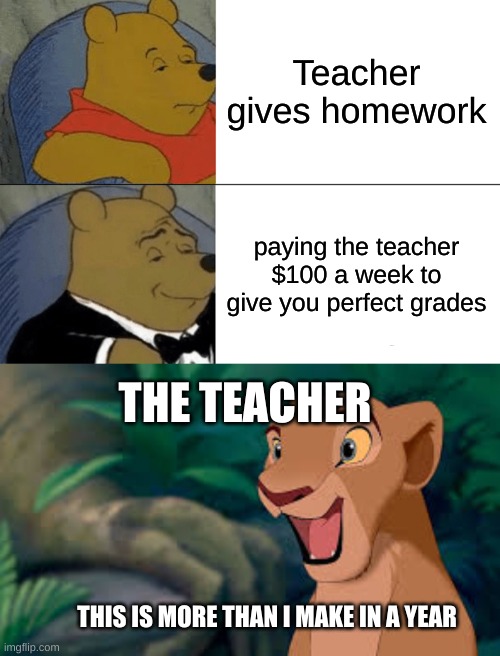 teachers in a nutshell | Teacher gives homework; paying the teacher $100 a week to give you perfect grades; THE TEACHER; THIS IS MORE THAN I MAKE IN A YEAR | image tagged in memes,tuxedo winnie the pooh | made w/ Imgflip meme maker