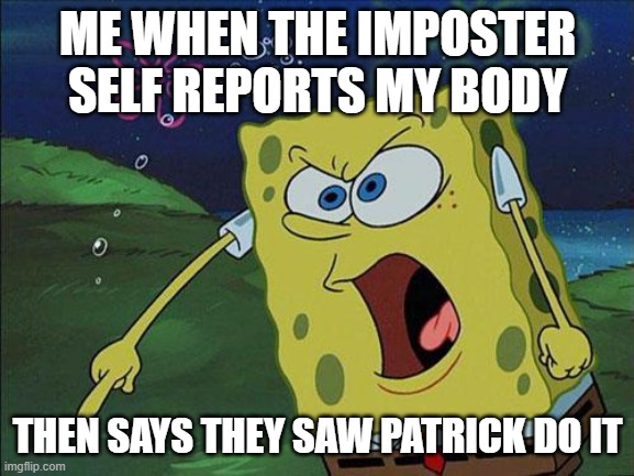 spongebob | ME WHEN THE IMPOSTER SELF REPORTS MY BODY; THEN SAYS THEY SAW PATRICK DO IT | image tagged in spongebob | made w/ Imgflip meme maker
