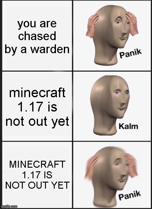 minecraft meme | you are chased by a warden; minecraft 1.17 is not out yet; MINECRAFT 1.17 IS NOT OUT YET | image tagged in memes,panik kalm panik | made w/ Imgflip meme maker