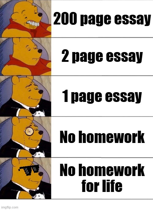 Homework rating | 200 page essay; 2 page essay; 1 page essay; No homework; No homework for life | image tagged in winnie the pooh v 2020 | made w/ Imgflip meme maker
