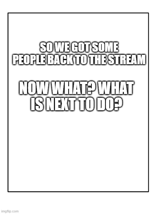 what are we doing after more people return? | SO WE GOT SOME PEOPLE BACK TO THE STREAM; NOW WHAT? WHAT IS NEXT TO DO? | image tagged in blank template | made w/ Imgflip meme maker