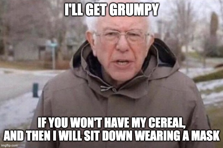 I am once again asking | I'LL GET GRUMPY IF YOU WON'T HAVE MY CEREAL, AND THEN I WILL SIT DOWN WEARING A MASK | image tagged in i am once again asking | made w/ Imgflip meme maker