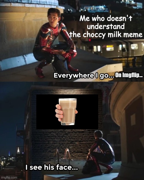 Everywhere I go I see his face | Me who doesn't understand the choccy milk meme; On Imgflip... | image tagged in everywhere i go i see his face | made w/ Imgflip meme maker