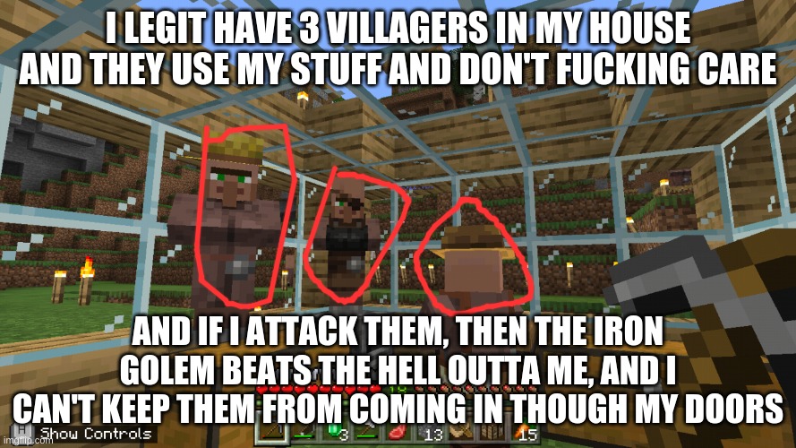 WHY | I LEGIT HAVE 3 VILLAGERS IN MY HOUSE AND THEY USE MY STUFF AND DON'T FUCKING CARE; AND IF I ATTACK THEM, THEN THE IRON GOLEM BEATS THE HELL OUTTA ME, AND I CAN'T KEEP THEM FROM COMING IN THOUGH MY DOORS | image tagged in minecraft,meme | made w/ Imgflip meme maker