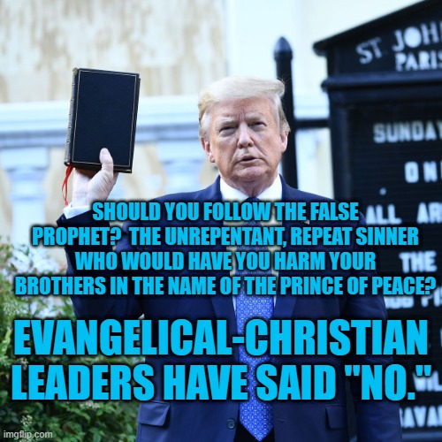 They Have Spoken. | SHOULD YOU FOLLOW THE FALSE PROPHET?  THE UNREPENTANT, REPEAT SINNER WHO WOULD HAVE YOU HARM YOUR BROTHERS IN THE NAME OF THE PRINCE OF PEACE? EVANGELICAL-CHRISTIAN LEADERS HAVE SAID "NO." | image tagged in politics | made w/ Imgflip meme maker