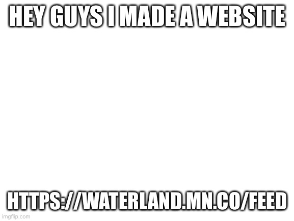 https://waterland.mn.co/feed | HEY GUYS I MADE A WEBSITE; HTTPS://WATERLAND.MN.CO/FEED | image tagged in blank white template | made w/ Imgflip meme maker