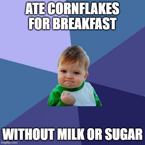 Like a boss | ATE CORNFLAKES FOR BREAKFAST; WITHOUT MILK OR SUGAR | image tagged in memes,success kid | made w/ Imgflip meme maker