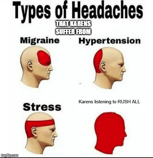 Types of Headaches meme | THAT KARENS SUFFER FROM; Karens listening to RUSH ALL | image tagged in types of headaches meme | made w/ Imgflip meme maker