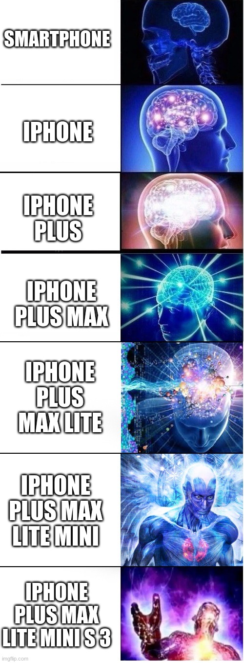 Iphone names | IPHONE; SMARTPHONE; IPHONE PLUS; IPHONE PLUS MAX; IPHONE PLUS MAX LITE; IPHONE PLUS MAX LITE MINI; IPHONE PLUS MAX LITE MINI S 3 | image tagged in expanding brain extended 2,iphone,apple | made w/ Imgflip meme maker