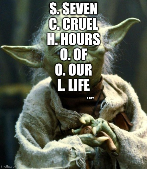 school meaning | S. SEVEN
C. CRUEL
H. HOURS
O. OF
O. OUR
L. LIFE; A DAY | image tagged in memes,star wars yoda | made w/ Imgflip meme maker
