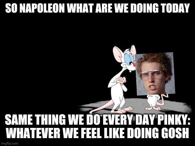 Pinky And The Brain | SO NAPOLEON WHAT ARE WE DOING TODAY; SAME THING WE DO EVERY DAY PINKY:
WHATEVER WE FEEL LIKE DOING GOSH | image tagged in pinky and the brain,napoleon dynamite,dank memes,memes | made w/ Imgflip meme maker