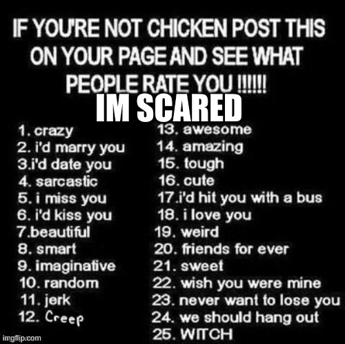 Rate Me Im Scared T^T | IM SCARED | image tagged in ratings | made w/ Imgflip meme maker