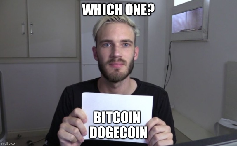 Which one? | WHICH ONE? BITCOIN 
DOGECOIN | image tagged in pewdiepie | made w/ Imgflip meme maker