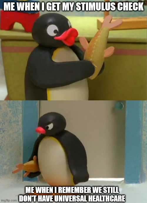 Why does it cost so much to go to the doctor? |  ME WHEN I GET MY STIMULUS CHECK; ME WHEN I REMEMBER WE STILL DON'T HAVE UNIVERSAL HEALTHCARE | image tagged in pingu with a fish | made w/ Imgflip meme maker