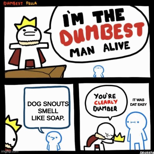 I'm the dumbest man alive | DOG SNOUTS SMELL LIKE SOAP. IT WAS DAT EASY | image tagged in i'm the dumbest man alive | made w/ Imgflip meme maker