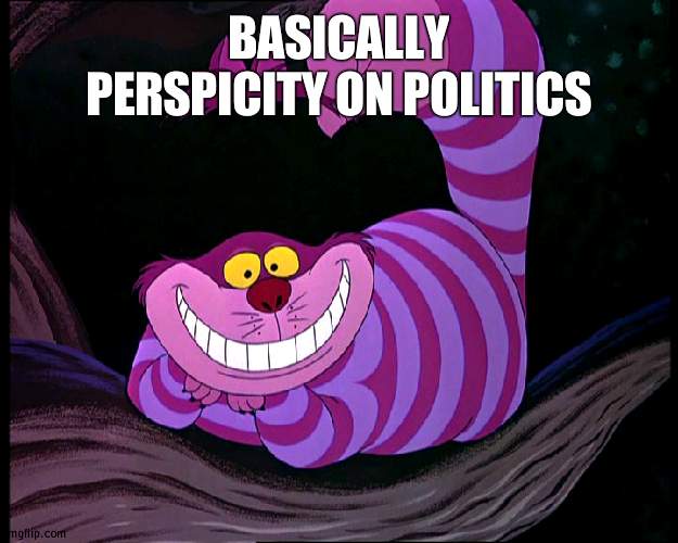 That's on all of his images | BASICALLY PERSPICITY ON POLITICS | image tagged in cheshire cat,politics | made w/ Imgflip meme maker