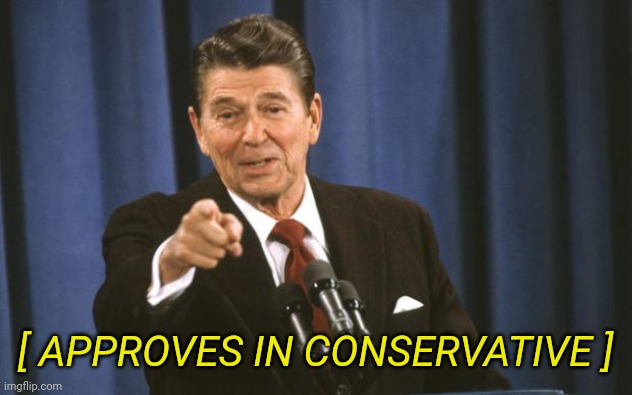 Ronald Reagan | [ APPROVES IN CONSERVATIVE ] | image tagged in ronald reagan | made w/ Imgflip meme maker