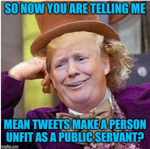 Wonka Trump | SO NOW YOU ARE TELLING ME; MEAN TWEETS MAKE A PERSON UNFIT AS A PUBLIC SERVANT? | image tagged in wonka trump | made w/ Imgflip meme maker