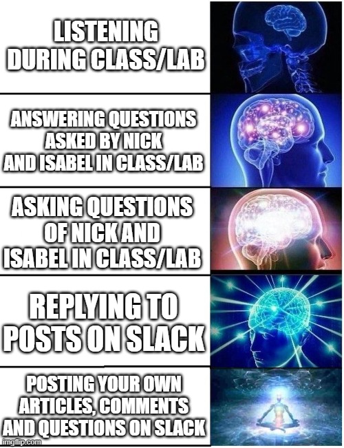 Expanding Brain 5 Panel | LISTENING DURING CLASS/LAB; ANSWERING QUESTIONS ASKED BY NICK AND ISABEL IN CLASS/LAB; ASKING QUESTIONS OF NICK AND ISABEL IN CLASS/LAB; REPLYING TO POSTS ON SLACK; POSTING YOUR OWN ARTICLES, COMMENTS AND QUESTIONS ON SLACK | image tagged in expanding brain 5 panel | made w/ Imgflip meme maker