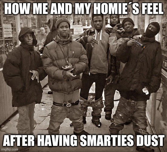 homies | HOW ME AND MY HOMIE´S FEEL; AFTER HAVING SMARTIES DUST | image tagged in all my homies hate | made w/ Imgflip meme maker