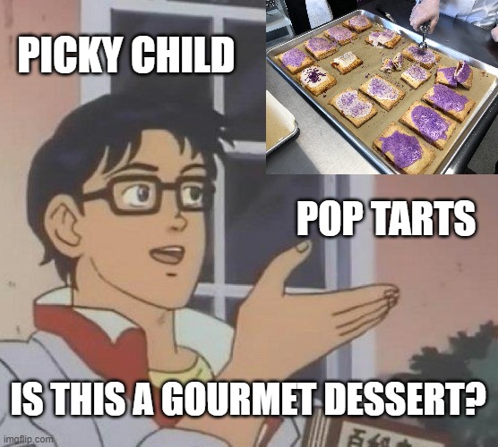 Is this a gourmet dessert? | PICKY CHILD; POP TARTS; IS THIS A GOURMET DESSERT? | image tagged in memes,is this a pigeon | made w/ Imgflip meme maker