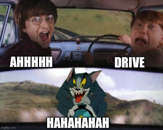 No no no | DRIVE; AHHHHH; HAHAHAHAH | image tagged in tom chasing harry and ron weasly | made w/ Imgflip meme maker