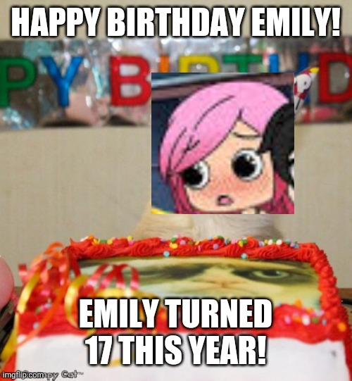 Emily turned 17! | HAPPY BIRTHDAY EMILY! EMILY TURNED 17 THIS YEAR! | image tagged in memes,grumpy cat birthday,grumpy cat,emily | made w/ Imgflip meme maker