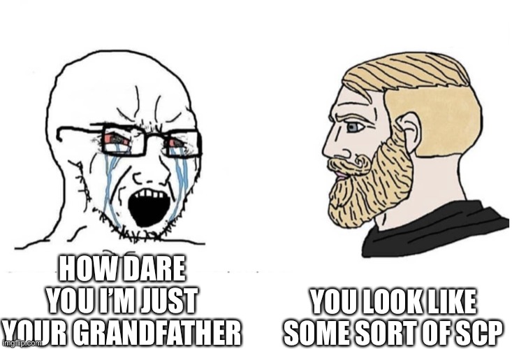 Soyboy Vs Yes Chad | YOU LOOK LIKE SOME SORT OF SCP; HOW DARE YOU I’M JUST YOUR GRANDFATHER | image tagged in human scp,scp things,looool | made w/ Imgflip meme maker