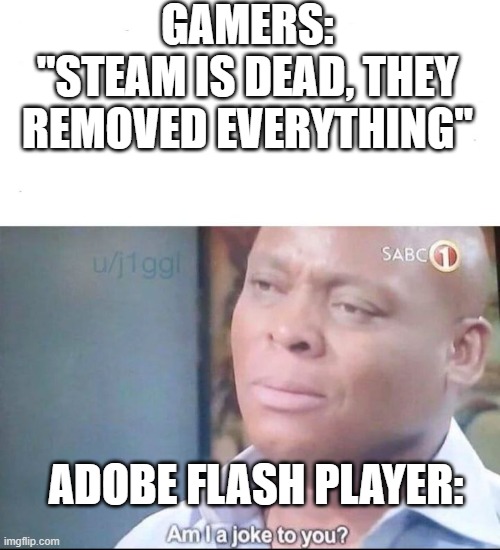am I a joke to you | GAMERS:
"STEAM IS DEAD, THEY REMOVED EVERYTHING"; ADOBE FLASH PLAYER: | image tagged in am i a joke to you | made w/ Imgflip meme maker