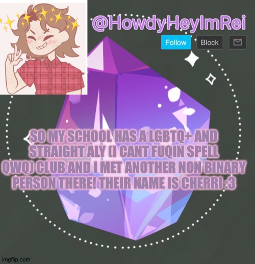 We named the club “alphabet soup” club UwU | SO MY SCHOOL HAS A LGBTQ+ AND STRAIGHT ALY (I CANT FUQIN SPELL QWQ) CLUB AND I MET ANOTHER NON BINARY PERSON THERE! THEIR NAME IS CHERRI :3 | image tagged in howdyheyimbee | made w/ Imgflip meme maker