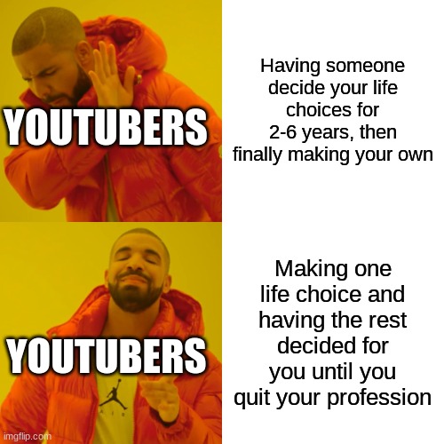 Drake Hotline Bling Meme | Having someone decide your life choices for 2-6 years, then finally making your own Making one life choice and having the rest decided for y | image tagged in memes,drake hotline bling | made w/ Imgflip meme maker
