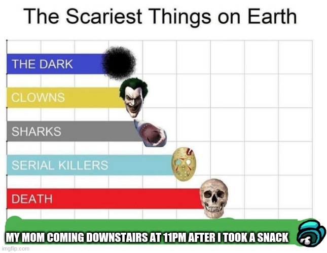 scariest things on earth | MY MOM COMING DOWNSTAIRS AT 11PM AFTER I TOOK A SNACK | image tagged in scariest things on earth | made w/ Imgflip meme maker