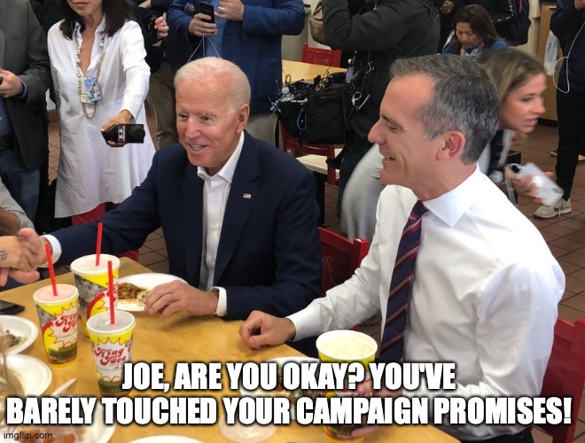 JOE, ARE YOU OKAY? YOU'VE BARELY TOUCHED YOUR CAMPAIGN PROMISES! | image tagged in joe biden,politics | made w/ Imgflip meme maker