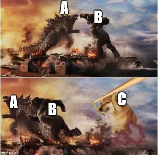 "c" comes after a and b so technically it's superior | A; B; C; A; B | image tagged in kong godzilla doge,memes | made w/ Imgflip meme maker