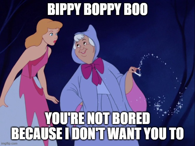 Bippity Boppity | BIPPY BOPPY BOO YOU'RE NOT BORED BECAUSE I DON'T WANT YOU TO | image tagged in bippity boppity | made w/ Imgflip meme maker