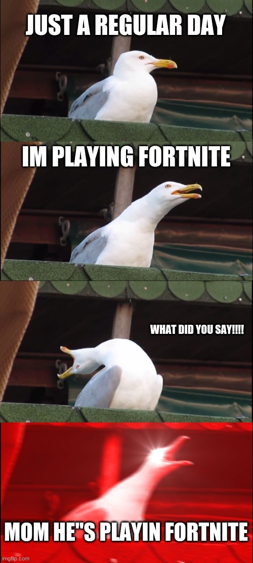 Inhaling Seagull | JUST A REGULAR DAY; IM PLAYING FORTNITE; WHAT DID YOU SAY!!!! MOM HE"S PLAYIN FORTNITE | image tagged in memes,inhaling seagull | made w/ Imgflip meme maker