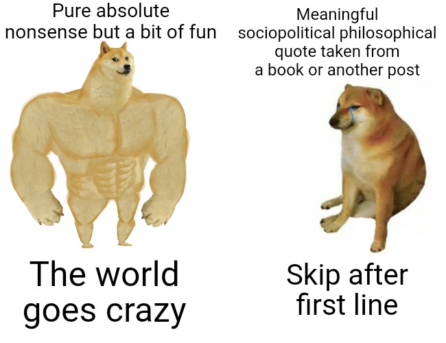 Ha | Pure absolute nonsense but a bit of fun; Meaningful sociopolitical philosophical quote taken from a book or another post; The world goes crazy; Skip after first line | image tagged in memes,buff doge vs cheems | made w/ Imgflip meme maker