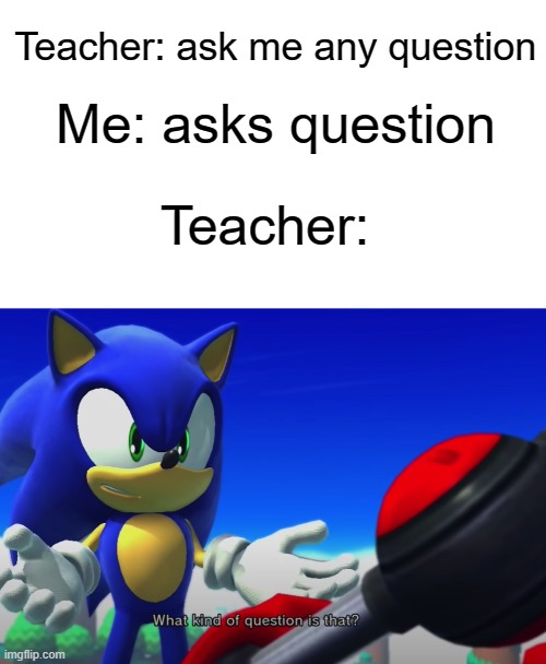 i think this is relatable for anyone ¯\_(ツ)_/¯ | Teacher: ask me any question; Me: asks question; Teacher: | image tagged in sonic,school | made w/ Imgflip meme maker